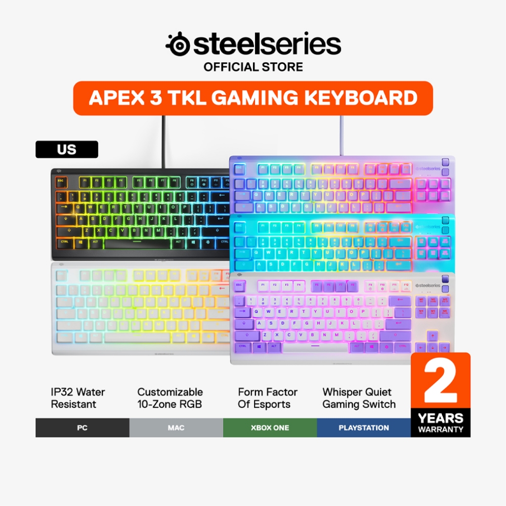 SteelSeries Apex 3 TKL RGB Gaming Keyboard คีบอร์ดเกมมิ่ง Ten Key Less ไฟ RGB เสียงกดเงียบ ปุ่ม US
