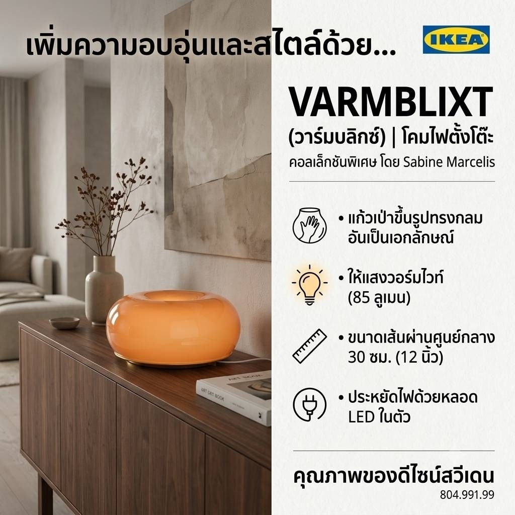 [ของแท้​จาก​ IKEA]​ VARMBLIXT วาร์มบลิกซ์โคมไฟ LED ตั้งโต๊ะ/ติดผนัง, สีส้ม แก้ว/กระจก/กลม, 30 ซม.