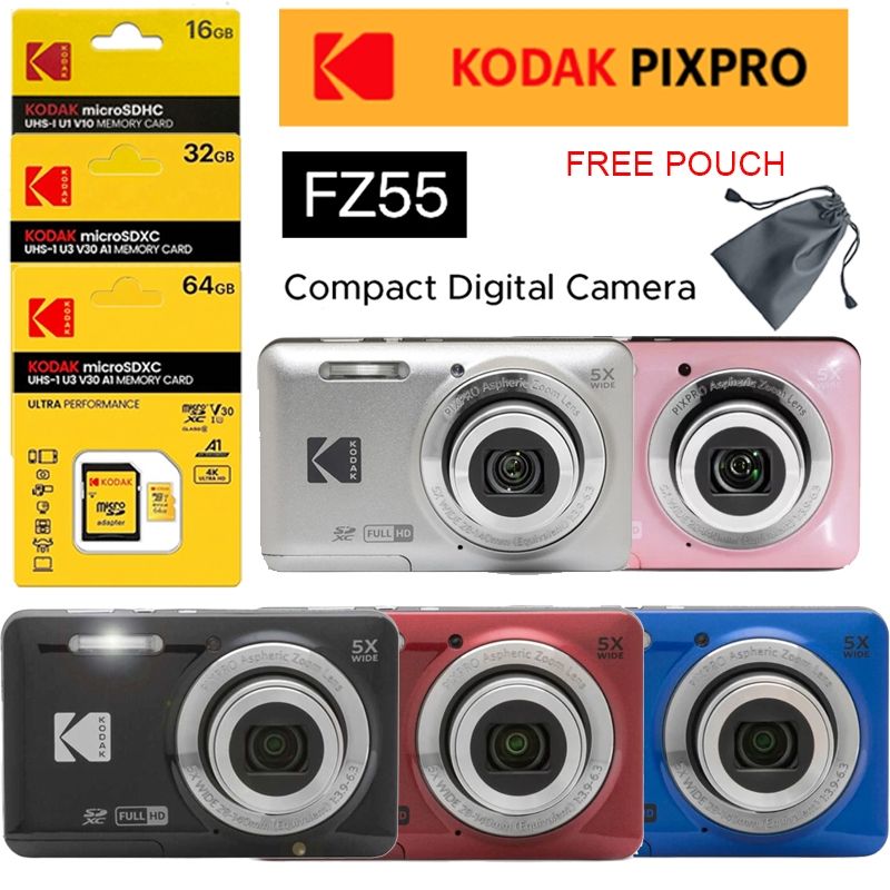กล้องดิจิตอล Kodak PIXPRO FZ55 | กล้องคอมแพค | สีดำ ชมพู แดง เงิน ฟ้า | การ์ด SD 16GB 32GB 64GB