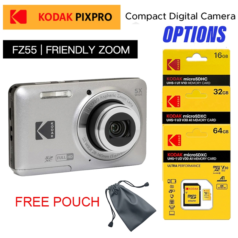 กล้องดิจิทัลคอมแพค Kodak PIXPRO FZ55 + การ์ดหน่วยความจำ 16GB / 32GB / 64GB + กระเป๋าฟรี | สีเงิน