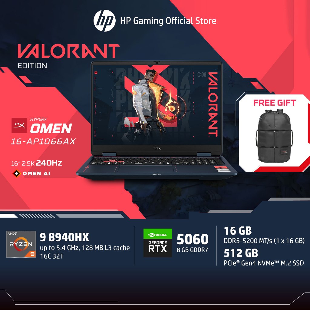 [ฟรีจอ] HyperX OMEN 16 Valorant Edition | Ryzen 9 9955HX | RTX5070 | 24GB/512GB | 16" 2.5K 240 Hz | Win11 |3Yrs