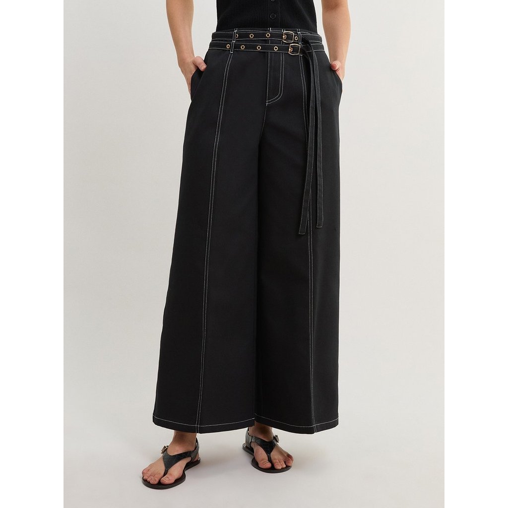 [Pomelo] กางเกงขายาวทรงกว้างเอวกลาง  มีเข็มขัด / Mid Waist Belted Wide Leg Pants