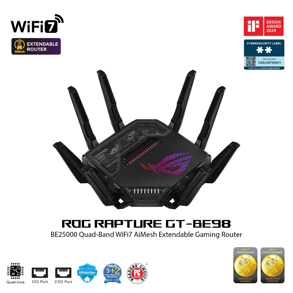 ASUS ROG Rapture GT-BE98 Quad-band WiFi7 AiMesh Extendable Gaming Router, Dual 10G Ports, VPNs | Shopee Thailand