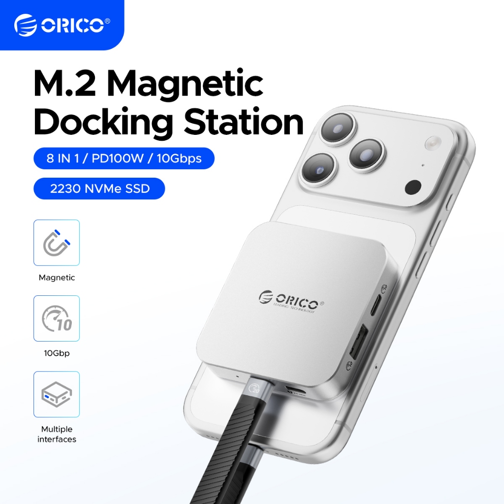 ORICO 6 in 1 Magnetic Docking Station USB C Hub M.2 NVMe SSD Enclosure 2230 10Gbps Hub with Ethernet 4K to HDMI VGA PD Power USB 3.0 (MG5)