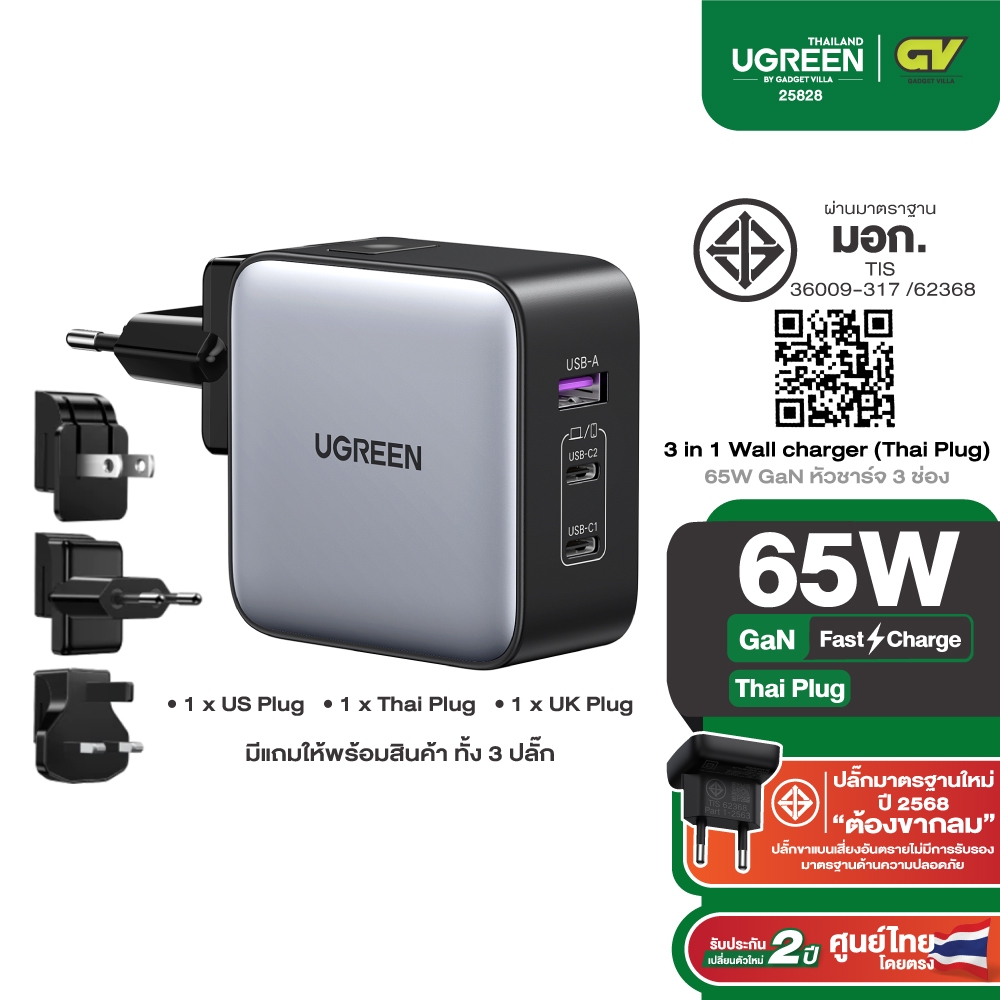 UGREEN 65W USB C Charger, Nexode GaN 3-Port Fast Wall Charger Power Adapter, US/UK/EU Plug for Travel